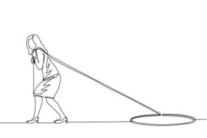 Single continuous line drawing businesswoman trying hard pulling rope to drag something from hole, metaphor to facing big problem. Business struggles. One line draw graphic design vector illustration