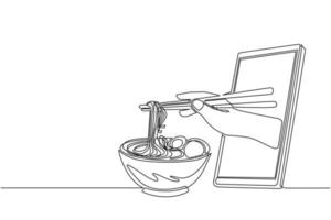 Single continuous line drawing hand holding ramen bowl with chopsticks through mobile phone. Concept of restaurant order delivery online food. Application for smartphones. One line draw design vector