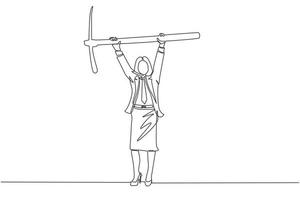 Continuous one line drawing businesswoman standing and lifting big pickaxe. Business concept. Depicts hard work, success, achievement, discovery. Single line draw design vector graphic illustration
