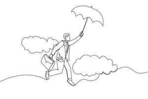 Single one line drawing happy wealthy businessman flying with his umbrella holding briefcase. Office worker achieve financial independence. Continuous line draw design graphic vector illustration