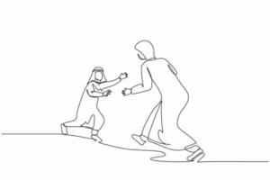 Single one line drawing boy running to mother. Arabian boy running to hug his mother. Little son running to his mom who standing and waiting with open arms. Continuous line draw design graphic vector