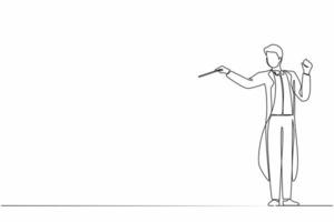 Single continuous line drawing man music orchestra conductor. Male musician in tuxedo suit with arm gestures. Expressive conductor directs orchestra during performance. One line graphic design vector