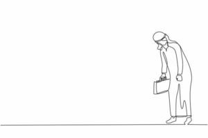 Single continuous line drawing sad Arab businessman looking down, holding briefcase. Man having mental pressure or stress. Bankruptcy on global economic recession. One line draw graphic design vector