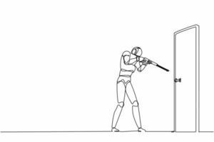 Single one line drawing robot pointing shotgun at doorknob. Future technology development. Artificial intelligence and machine learning process. Continuous line draw design graphic vector illustration