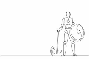 Continuous one line drawing robots stands holding big axe and shield. Humanoid robot cybernetic organism. Future robotics development concept. Single line draw design vector graphic illustration