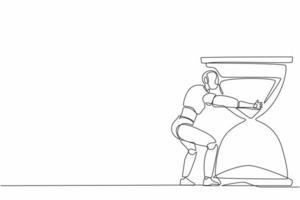 Single continuous line drawing robots hugging huge hourglass. Modern robotics artificial intelligence technology. Electronic technology industry. One line draw graphic design vector illustration