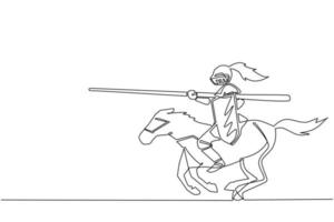 Continuous one line drawing medieval knight tournament cartoon composition with horseman in suits of armor in jousting contest. Medieval heraldry symbol. Single line draw design vector illustration