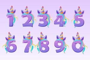 Cartoon cute numbers unicorns for kids school ui. Vector illustration set of pink figures with eyes .