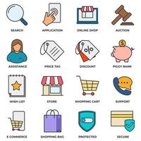 Set of E-commerce icon logo vector illustration. shopping cart, wish list, piggy bank, search, secure, protected shield and more pack symbol template for graphic and web design collection