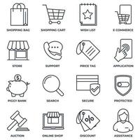 Set of E-commerce icon logo vector illustration. shopping cart, wish list, piggy bank, search, secure, protected shield and more pack symbol template for graphic and web design collection