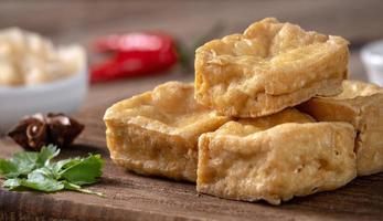 Deep fried stinky tofu with pickled cabbage street food in Taiwan. photo