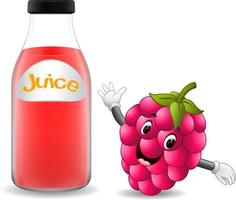 botella de jugo de frambuesa con linda caricatura de frambuesa vector