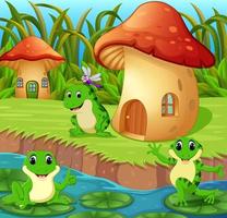 Frogs around a mushroom house vector