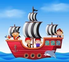 niños en el barco pirata y la escena del océano vector
