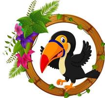 Toucan on round wood frame with flower vector