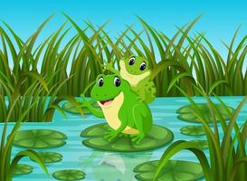 River scene with happy frog on leaf vector