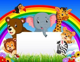 cartoon animal with blank sign and rainbow vector