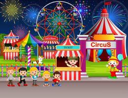 Many Childrens and people worker having fun in amusement park at night vector