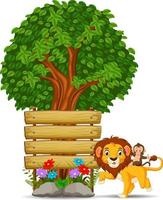 lion in front of an empty wooden signboard vector