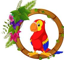 Parrot on round wood frame with flower vector