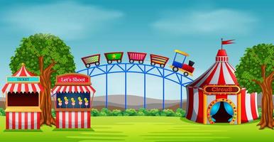 Amusement park scene at daytime with many rides vector