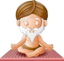 old man meditate while sitting on a board with nails in a lotus pose vector