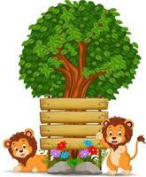 two lion in front of an empty wooden signboard vector