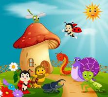 many insect and a mushroom house in forest vector