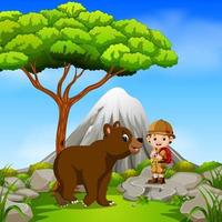 adventurer and bear posing with mountain scene