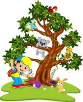 Many animals on the trees with boys holding magnifying glass vector