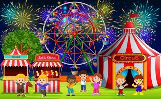 muchos niños divirtiéndose en el carnaval por la noche vector