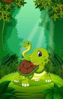 Turtle and snake in the clear and green forest vector