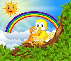 muchos pájaros en la rama del árbol con la escena del arco iris vector