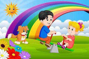 Two Children and dogs playing seesaw in the park on rainbow day vector