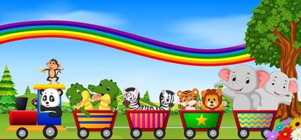 animales salvajes en el tren con ilustración de arco iris vector