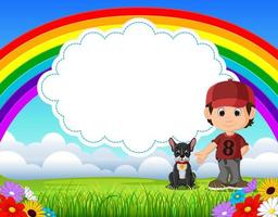 cute boy with dog in the park on rainbow day vector