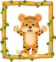 Tiger on the wood frame with roots and leaf vector