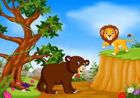 bear and lion with mountain cliff scene vector