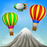 two hot air balloons flying with happy boys and mountain scene vector