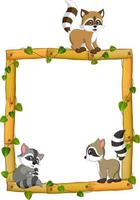 Three Raccoon on the wood frame with roots and leaf vector