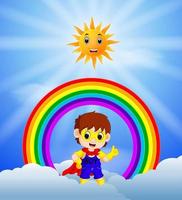 niño superhéroe y cielos en el arco iris vector
