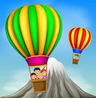 globos aerostáticos volando con niños felices y escena de montaña vector