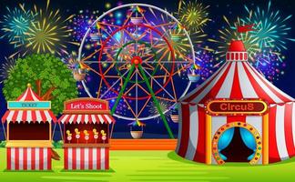 escena del parque de atracciones con carpa de circo y fuegos artificiales vector