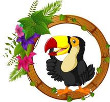 Toucan on round wood frame with flower vector