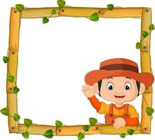 Farmer on the wood frame with roots and leaf vector