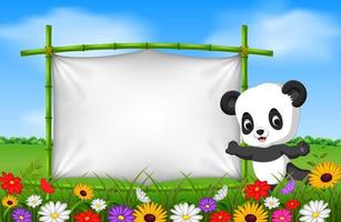 Cartoon panda standing on a bamboo frame vector