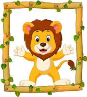 Lion on the wood frame with roots and leaf vector