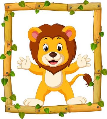 Lion on the wood frame with roots and leaf