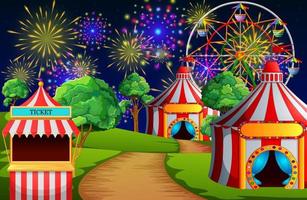 escena del parque de atracciones con carpa de circo y fuegos artificiales vector