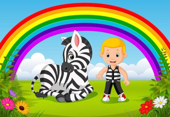 cute boy and zebra at park with rainbow scene